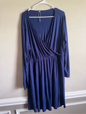 Navy Blue Wrap-Front Long Sleeve Dress 3xl